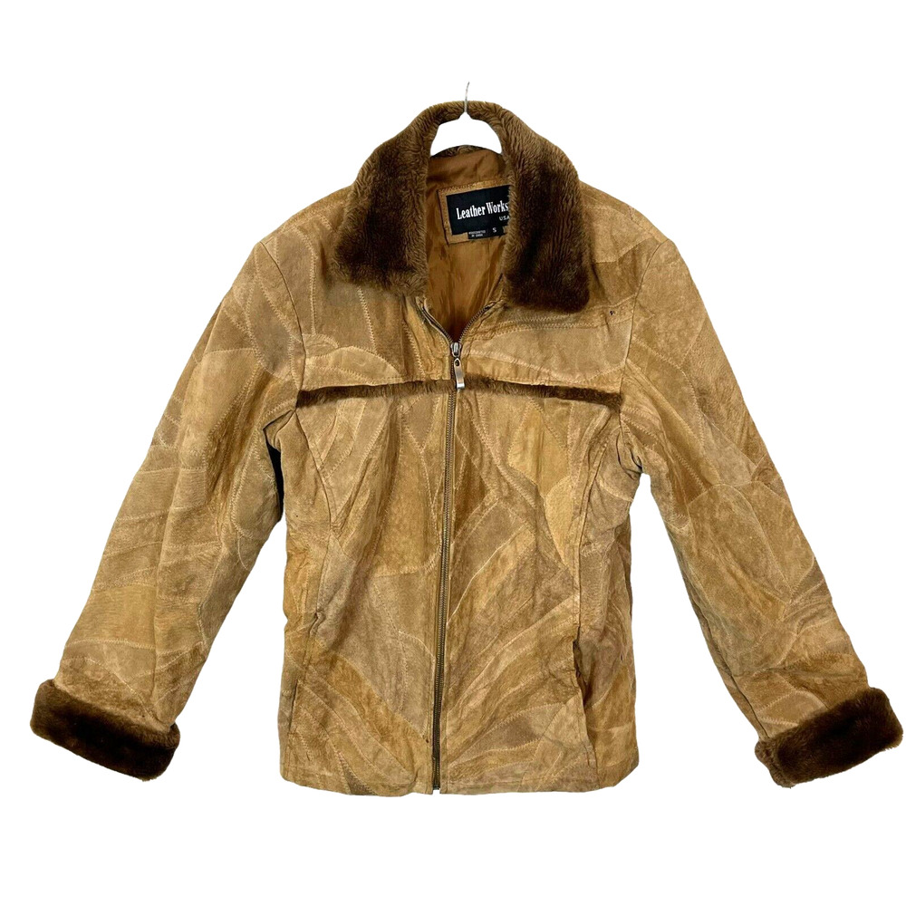 Leather Works Patchwork Women Aviator Jacket Zip Up Flawed Brown Faux Fur SZ S